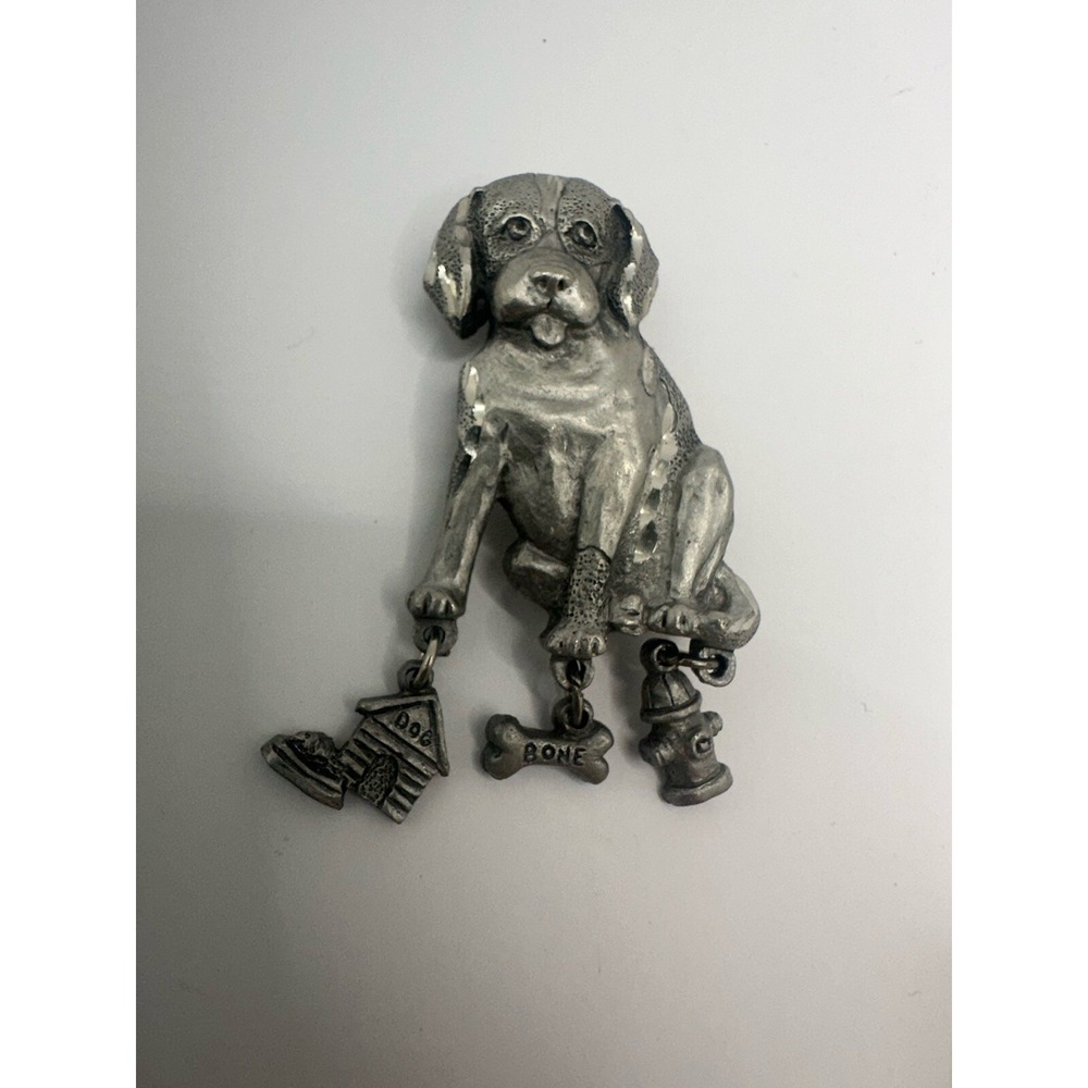 VINTAGE Pewter DOG BROOCH PIN Dangle CHARMS Doghouse Bone PUPPY Signed Spoon